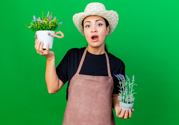 Jonge mooie vrouwentuinman in schort en hoed die potplanten houden die voorzijde bekijken die zich over groene muur bevinden verrast