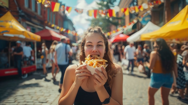 Gratis foto jonge persoon die van straatvoedsel geniet