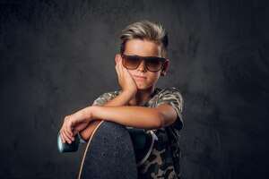 Jonge schooljongen in zonnebril poseert in donkere fotostudio met zijn skateboard.
