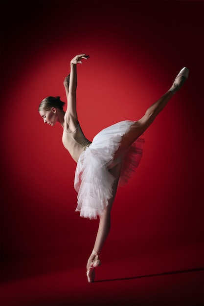 Jonge sierlijke vrouwelijke balletdanser of klassieke ballerina dansen op rode studio.