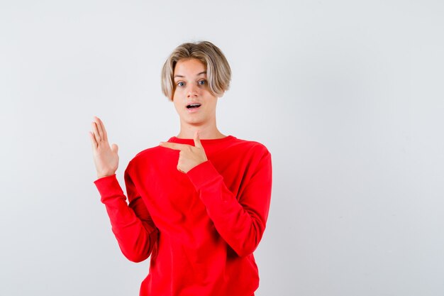 Jonge tienerjongen in rode trui wijzend naar zijn opgeheven hand en besluiteloos kijkend, vooraanzicht.