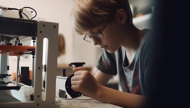 Jonge timmerman leert handwerk met precisiegereedschap gegenereerd door AI