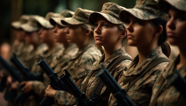 Gratis foto jonge volwassen legersoldaten in uniforme parade gegenereerd door ai