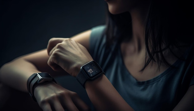 Jonge volwassen vrouwen kijken naar sport op smartwatch gegenereerd door AI
