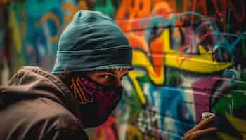 Gratis foto jonge volwassene met een kap vernielt 's nachts stadsmuur gegenereerd door ai