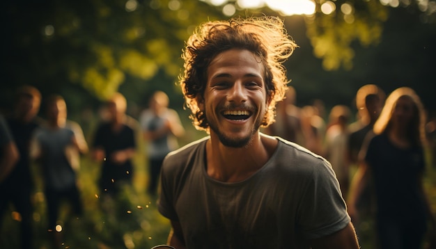 Gratis foto jonge volwassenen genieten van een zorgeloos zomerfeestje glimlachend en lachend gegenereerd door kunstmatige intelligentie