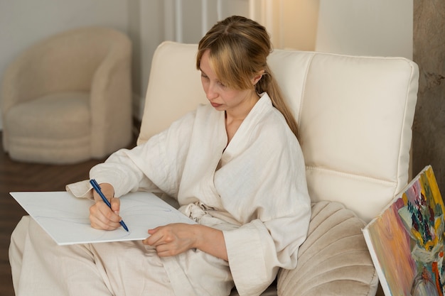 Gratis foto jonge vrouw aan het werk in haar workshop