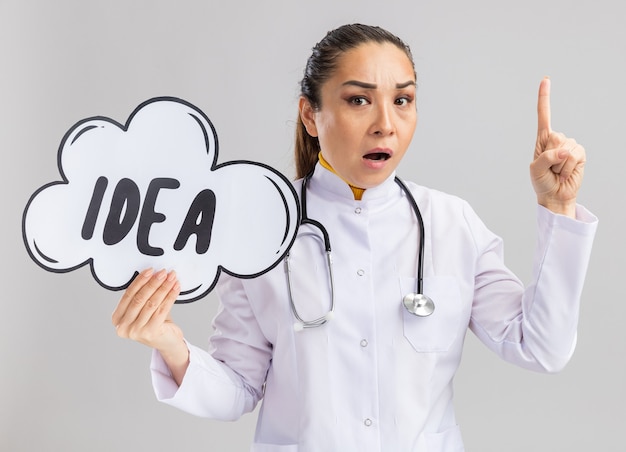 Jonge vrouw arts in witte medische jas met stethoscoop om nek met tekstballon teken met woord idee op zoek verrast tonen wijsvinger staande over witte muur