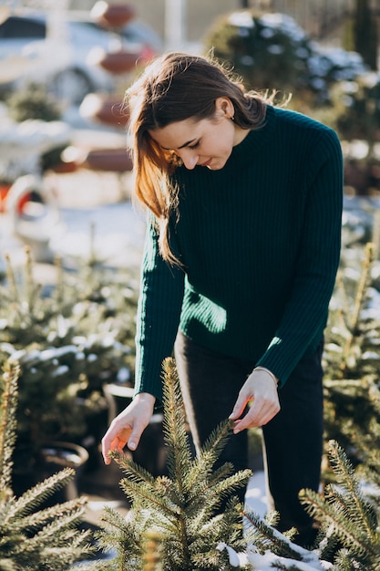 Jonge vrouw die een Kerstmisboom in een serre kiest