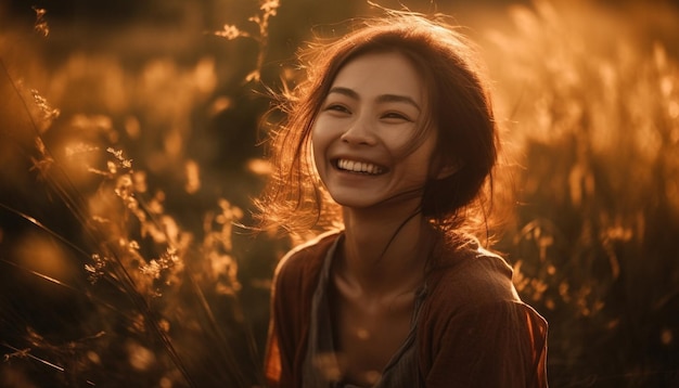 Jonge vrouw die lacht in de natuur schoonheid gegenereerd door AI