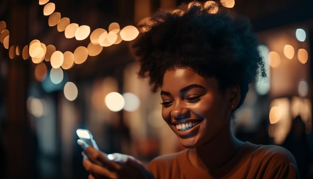 Jonge vrouw die lacht met vreugde telefoon verlicht gegenereerd door AI