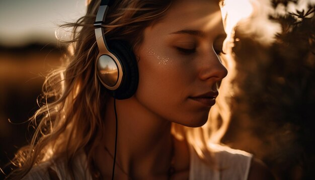 Jonge vrouw die van de natuur geniet, luisterend naar muziek gegenereerd door ai