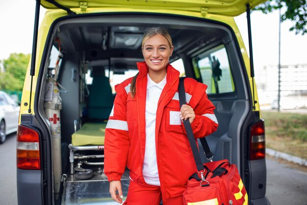 Jonge vrouw een paramedicus die aan de achterkant van een ambulance bij de open deuren staat Ze kijkt naar de camera met een zelfverzekerde uitdrukking die lacht en een medische traumatas op haar schouder draagt