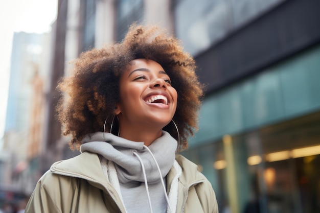 Gratis foto jonge vrouw gelukkige uitdrukking buiten in een stad ai gegenereerd