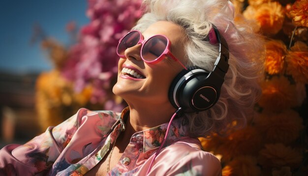 Jonge vrouw geniet van de natuur en luistert naar muziek met kleurrijke koptelefoon gegenereerd door kunstmatige intelligentie
