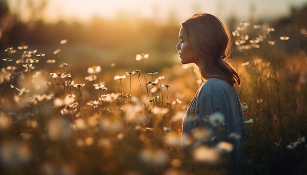 Jonge vrouw geniet van serene weide bij zonsopgang gegenereerd door AI