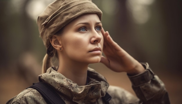 Gratis foto jonge vrouw in camouflage kijken naar camera gegenereerd door ai