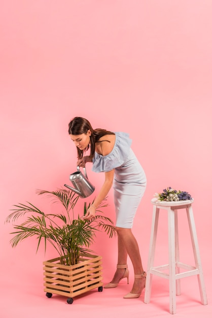 Jonge vrouw in jurk water geven groene plant in pot