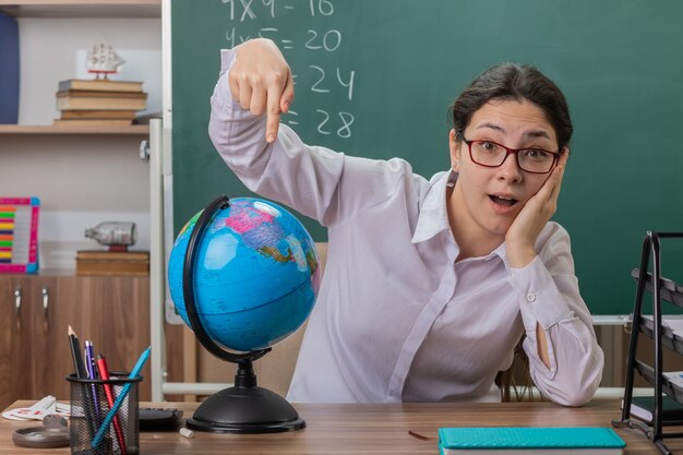 Jonge vrouw leraar bril houden globe wijzend met wijsvinger naar het uitleggen les glimlachend vrolijk op zoek verrast zit op schoolbank voor schoolbord in klas