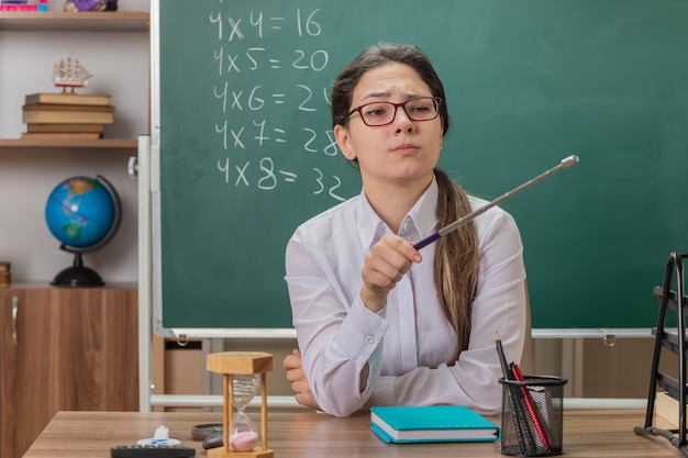 Jonge vrouw leraar bril kijken opzij met ernstig gezicht wijzend met aanwijzer op iets uitleggen les zit op schoolbank voor schoolbord in klas