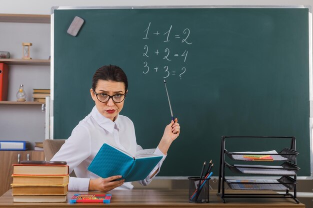 Jonge vrouw leraar bril met boek houden aanwijzer tijdens het uitleggen van les kijken met sceptische uitdrukking zittend aan school bureau voor schoolbord in klas