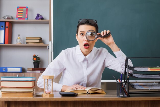 Jonge vrouw leraar met bril zittend aan school bureau met boek kijken door vergrootglas naar camera wordt verrast voor schoolbord in de klas