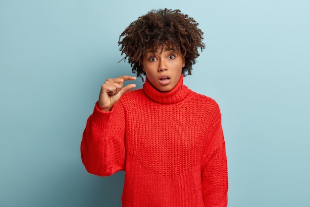 Gratis foto jonge vrouw met afro-kapsel, gekleed in rode trui