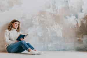Gratis foto jonge vrouw met boek dichtbij muur