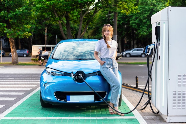 Jonge vrouw met een elektrische auto bij het laadstation in chisinau moldavië