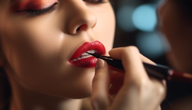 Jonge vrouw past luxe make-up toe met creativiteit gegenereerd door AI