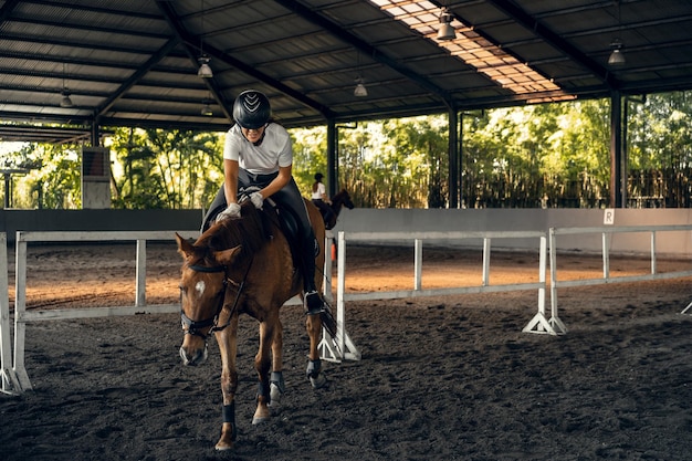 Jonge vrouw traint paardrijden in de arena. Jonge blanke vrouw in formele kleding paardrijden over de zanderige arena. Een stamboompaard voor de paardensport. De sportvrouw op een paard
