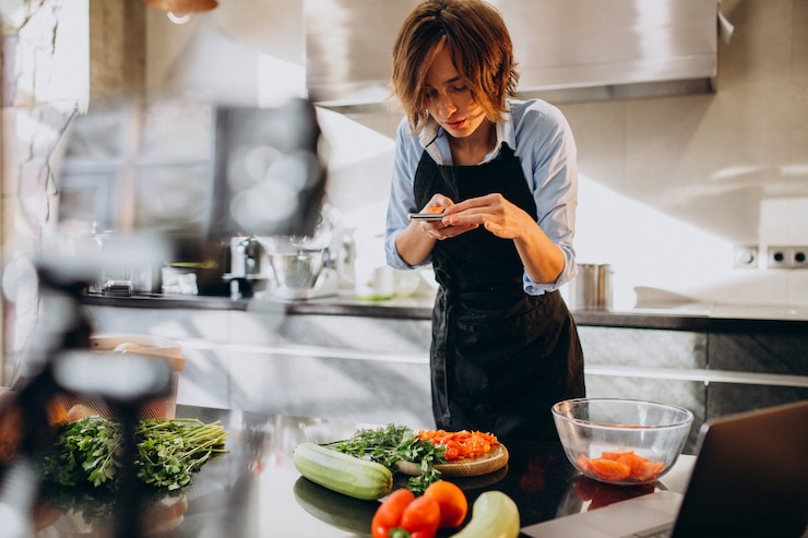 Gratis Foto jonge vrouw videoblogger koken in de keuken en filmen