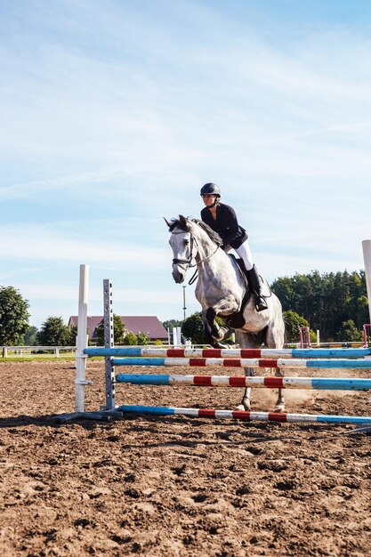 Jonge vrouwelijke jockey op vlek grijs paard springen over hindernis in de open arena.