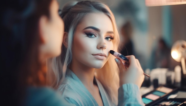 Jonge vrouwen die make-up schoonheidsproducten aanbrengen, creativiteit gegenereerd door AI