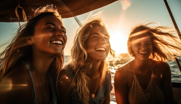Jonge vrouwen genieten van een onbezorgd zomerfeest in de buitenlucht, gegenereerd door AI