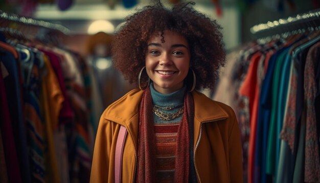 Jonge vrouwen glimlachend in modieuze kledingwinkel generatieve AI