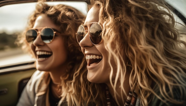 Gratis foto jonge vrouwen in zonnebrillen die convertibele auto drijven glimlachend gegenereerd door ai