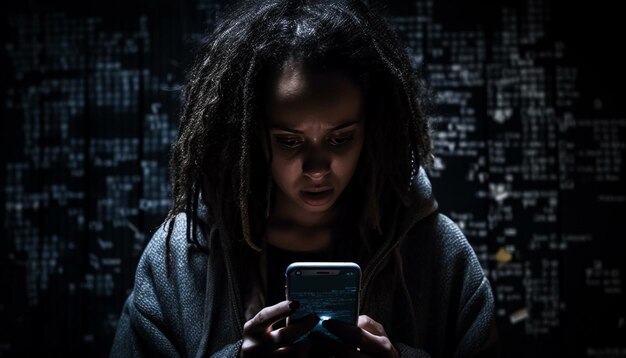 Jonge vrouwen kijken naar het donkere telefoonscherm gegenereerd door AI