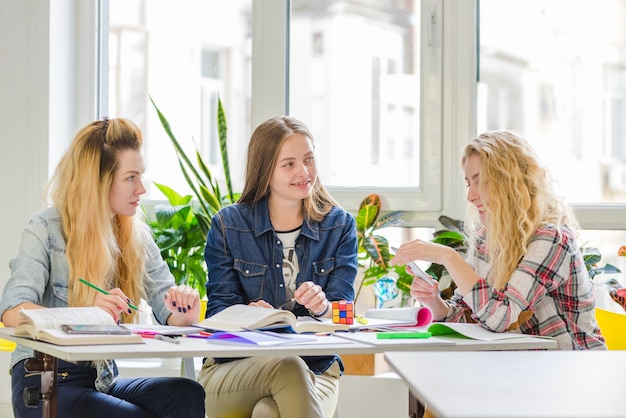 Jonge vrouwen werken aan tafel