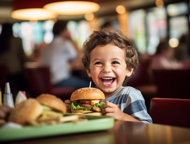 Jongen geniet van een hamburger in een restaurant.