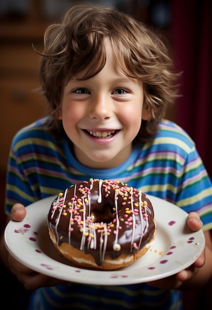 Jongen met heerlijke donuts ai gegenereerd