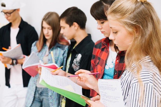 Jongeren met notitieblokken studeren