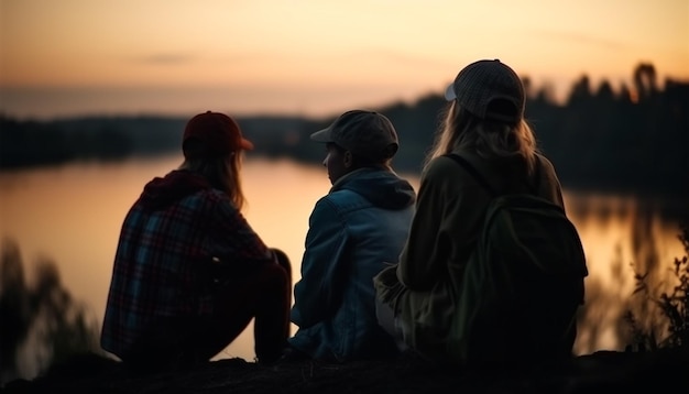 Jongvolwassenen die zittend wandelen en genieten van de schoonheid van de natuur, gegenereerd door AI