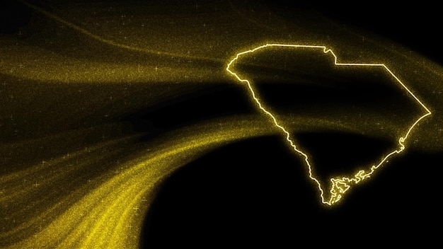 Kaart van South Carolina, gouden glitterkaart op donkere achtergrond