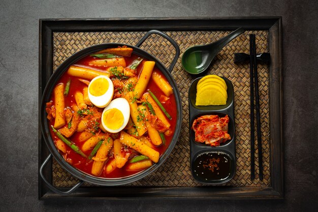 Kaasachtig Koreaans traditioneel voedsel Tokbokki op zwarte raadsachtergrond. Lunch gerecht.