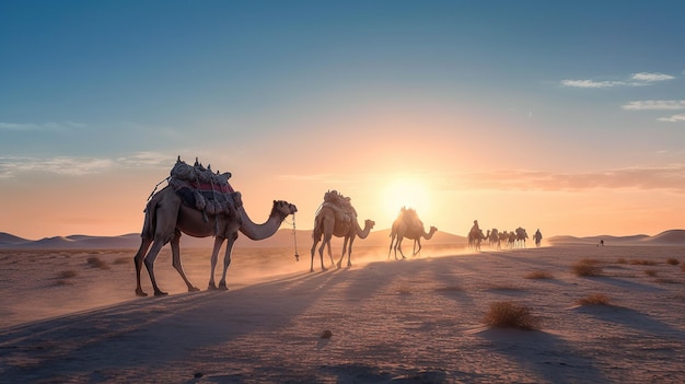 Kameelcaravan in de woestijn bij zonsopgang AI gegenereerd beeld