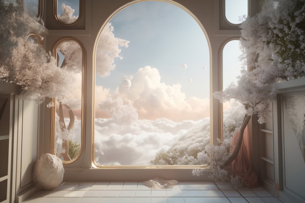 Kamer met raam en surrealistisch uitzicht