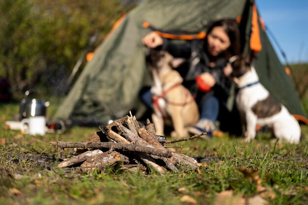 Kampvuur vooraanzicht en wazig vrouw spelen met honden