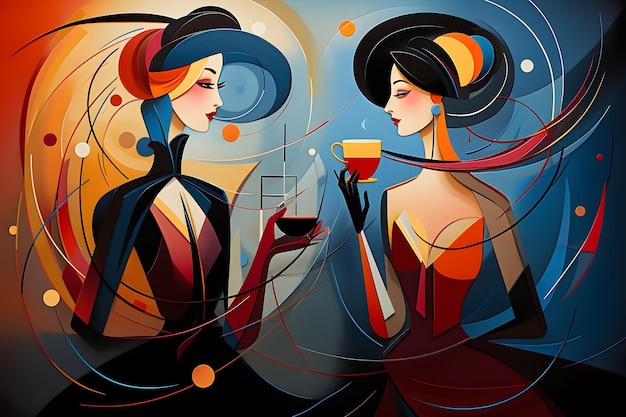 Gratis foto kandinsky stijl mooie vrouwen drinken koffie ontwerp