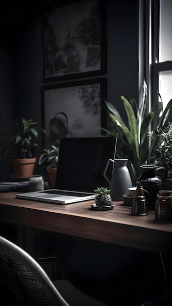 Gratis foto kantoorwerkplek met laptopkoffiebeker en plant op een houten tafel
